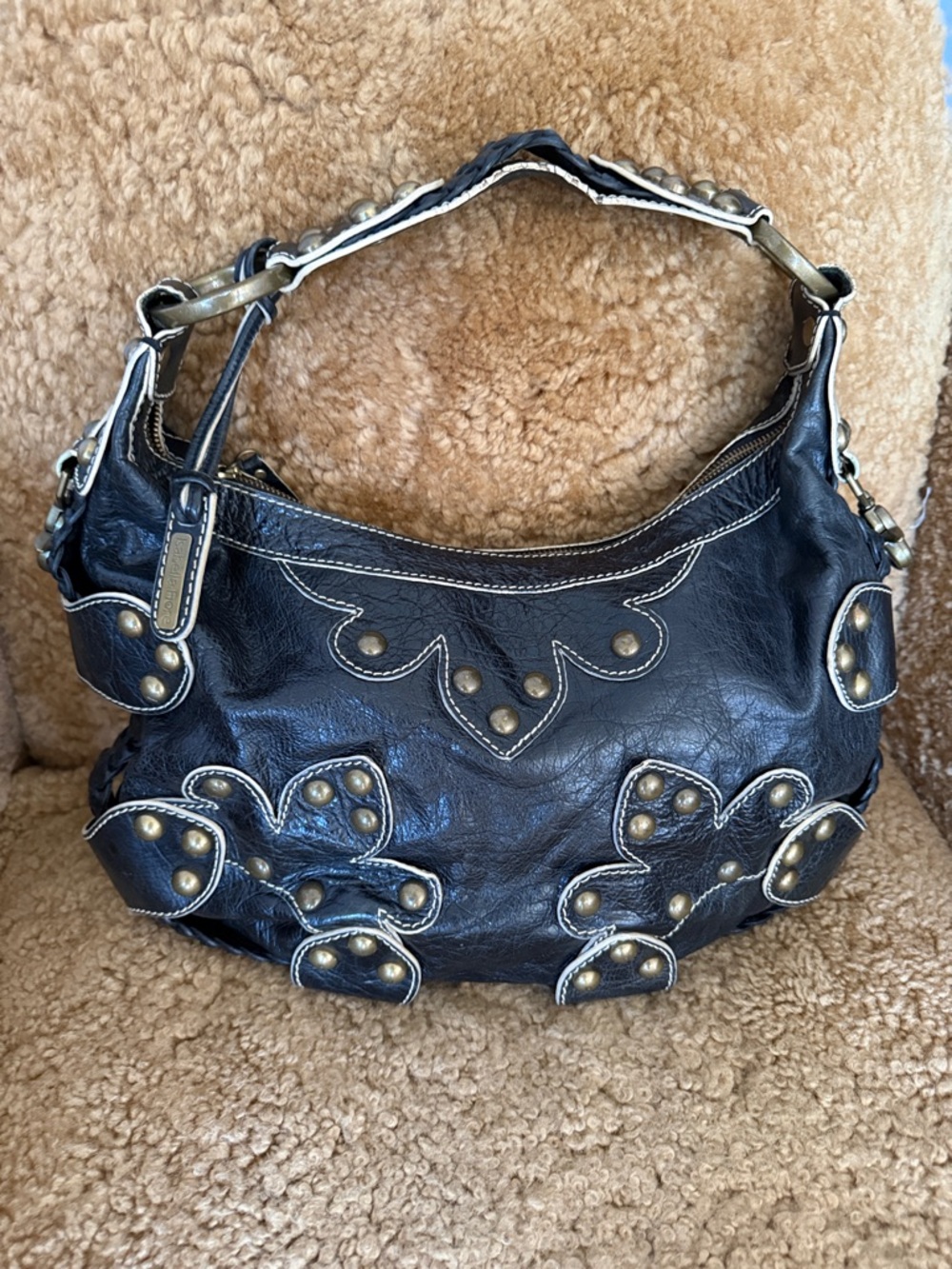 Isabella Fiore Black Leather Shoulder Bag with Brass Stud Accents